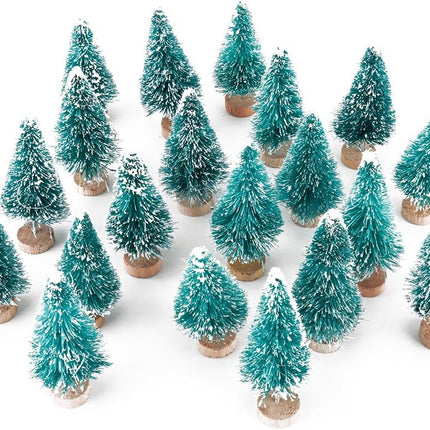 Artificial Mini Sisal Christmas Trees Snow Frost with Wooden Bases for Home Party Decoration Ornament DIY Craft (Blue-Green, 20 pcs)