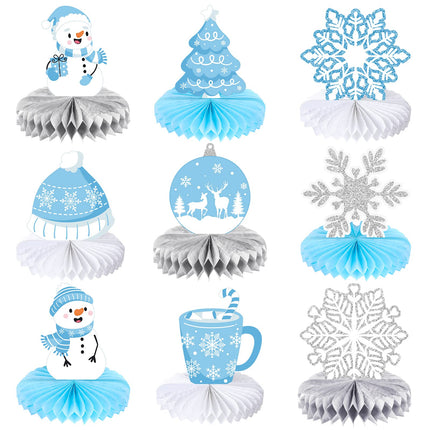 9 Pcs Winter Table Honeycomb Centerpieces Snowflake Honeycomb Party Decorations Winter Party Centerpieces for Winter Theme Christmas Birthday Baby Shower Party Supplies (Blue)