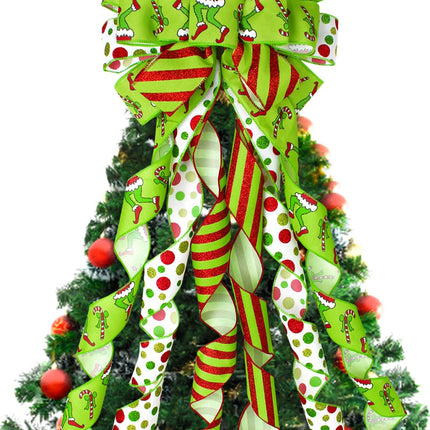Christmas Tree Topper Bow Wreath, 44 x 13 Inches Large Green Christmas Bow Tree Topper,Glitter Christmas Wreath for Tree Indoor Outdoor Christmas Decoration