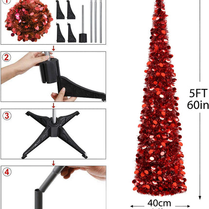 5FT Pop-Up Artificial Christmas Tree, Collapsible Pencil Christmas Tree for Indoor, Outdoor, Apartment, Party Decorations and Home Decor.Red