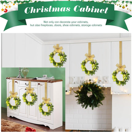 Cindeer 6 Pcs Lighted Christmas Kitchen Cabinet Wreaths with Ribbon Bow LED Lights Farmhouse Artificial Cabinet Hanging Wreaths for Door Wall Christmas Party(Yellow)