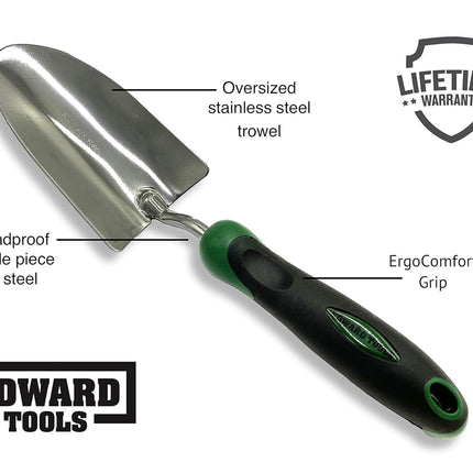 Edward Tools Bend-proof Garden Trowel - Heavy duty polished stainless steel - Rust Resistant Oversized trowel for quicker work - Digs through rocky / heavy soils - Comfort Grip