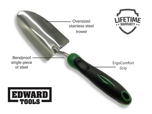 Edward Tools Bend-proof Garden Trowel - Heavy duty polished stainless steel - Rust Resistant Oversized trowel for quicker work - Digs through rocky / heavy soils - Comfort Grip
