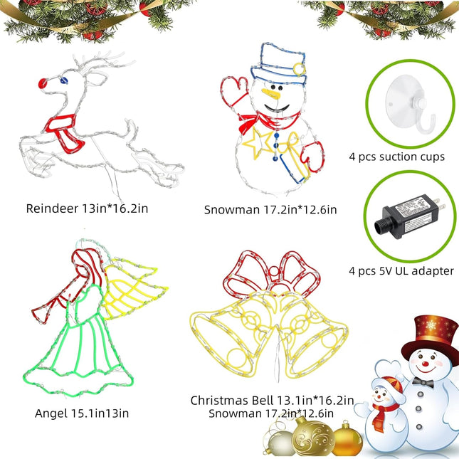 Christmas Decorations - 16" Christmas Window Silhouette Lights Decorations - 4 Pack Colour Lighted Angel ＆ Snowman ＆ Reindeer ＆ Bell for Holiday Indoor and Outdoor Wall Door Window Decorate