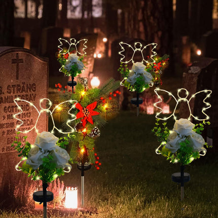 Lmtcos Solar Angel Lights for Cemetery Grave Decorations, Waterproof Angel with Rose Memorial Cemetery Lights, Solar Angel Grave Lights for Mother Day Father Day Memorial Day Christmas Grave Decor