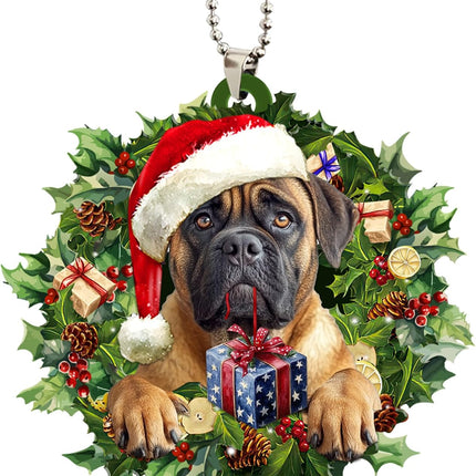 Talataca English Mastiff 2D Flat Christmas Ornament, Mastín Inglés Wearing A Christmas Hat Wreath Pine Tree Decor, Hanging House Charm Eve Keepsake, Car Rear View Mirror Accessories, Xmas