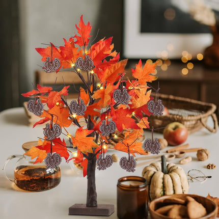 Thanksgiving Decorations, 24IN 24LT Lighted Fall Maple Leaves Tree Fall Decor, 2FT Brown Battery Powered Timer Autumn Trees Decorations with 12 Wood Turkey Ornaments for Home, Holiday