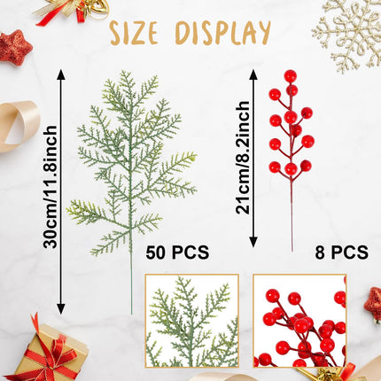 50PCS Artificial Pine Leaves Branches with 8PCS Artificial Red Berry Stems Christmas Artificial Pine Branches Green Plants Pine Needles for DIY Christmas Garland Wreath Decoration