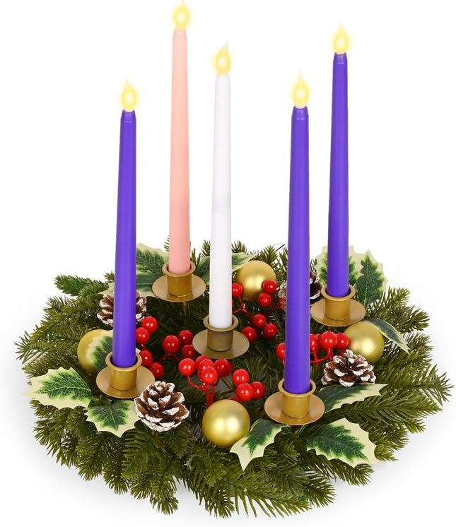 Waipfaru 6 Pcs Christmas Advent Wreath Advent Candle Holder with 5 Flameless Simulated Candles, 12 Inch Advent Wreath and Candles Set, Christmas Centerpiece Decorations for Table Indoor Home Church