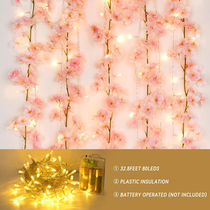 Sunm Boutique 12-Pack 70.8 Ft Artificial Cherry Blossom Garland Cherry Blossom Hanging Vine with 65.6 Ft Long 160 LED String Lights Silk Sakura Vines Garland for Wedding Party Home Decor, Pink