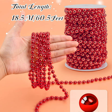 60.5FT Christmas Tree Beads Garland Decor Artificial Plastic Pearls Beads Roll for Xmas Tree Party Wedding Decoration Supplies(Red)
