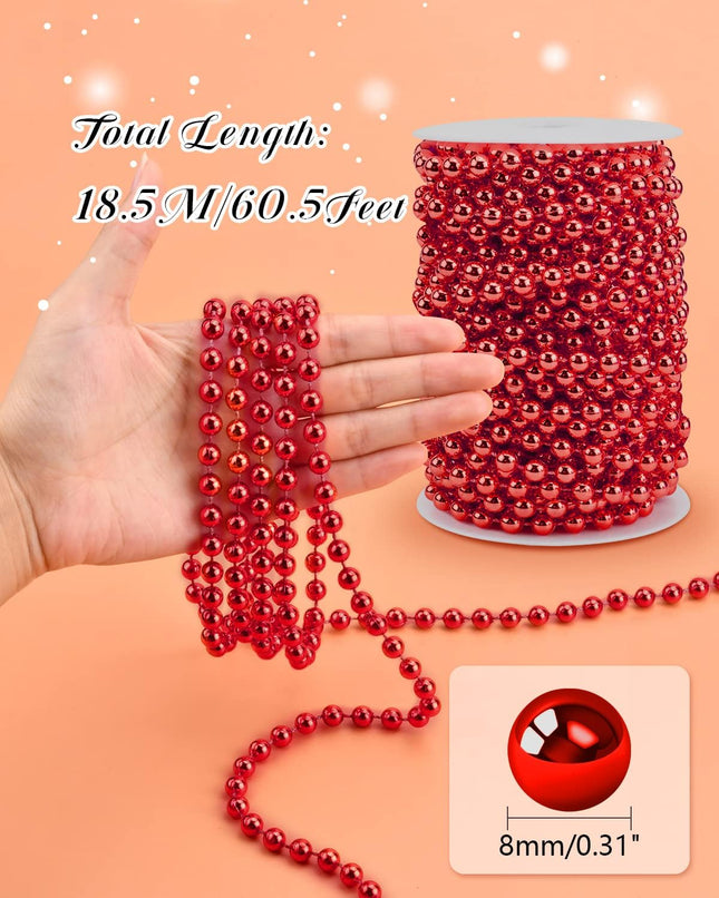 60.5FT Christmas Tree Beads Garland Decor Artificial Plastic Pearls Beads Roll for Xmas Tree Party Wedding Decoration Supplies(Red)