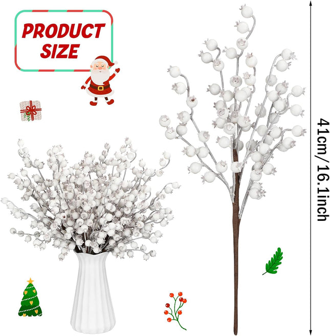 Zeyune 12 Pcs Christmas Artificial Berry Stems 16.1inch Fake Holly Berry Picks Xmas Berry Stems Branches Sprays Snowy Fake Berries for Christmas Tree Wreath Crafts Wedding Holiday Winter Decor (White)