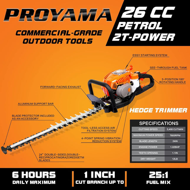 PROYAMA 24-Inch 26cc 2 Cycle Gas Powered Dual Sided Hedge Trimmer with Rotating Handle 2-Year Less Weight Less Fatigue Suitable for Gardener Professional Landscaper Home User