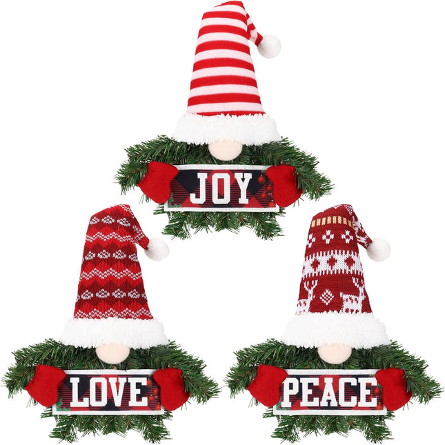 3 Pieces Christmas Wreath for Front Door Artificial Pine Spruce Hanging Gnome Wreath Christmas Peace Love Joy Wreath for Door Window Wall Decorations Farmhouse Christmas Home Decor