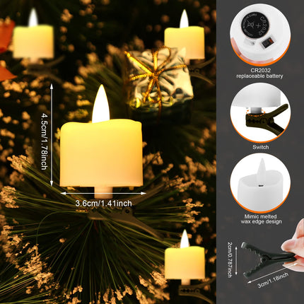 IMAGE Tealight Candles, LED Tealight Flicker Candles with Clips for Christmas Tree Decoration Timer Function Flickering, Battery Operated Flameless Tealight Candles, Pack of 12 Warm White