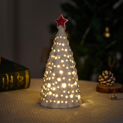 Christmas Decorations, Ceramic Christmas Tree, 8" Small Christmas Tree with Lights for Table Top, Mantle, Holiday Christmas Decor (White)