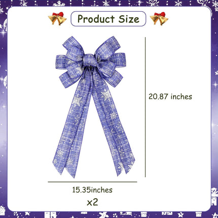 Serencatcher Large Christmas Wreath Bows 11 x 20 Inches, 2Pcs Blue Christmas Tree Topper Bow with Silver Snowflake for Christmas Home Garden Indoor Outdoor Decoration Wreath Ornament Supplies