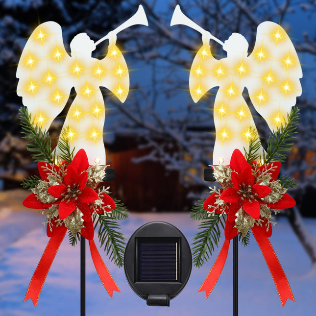 2 Pack Solar Christmas Angel Stake Lights, Solar Powered Led Xmas Angel Metal Stake Lights with Poinsettia, Outdoor Christmas Yard Pathway Lights Decorations for Garden Yard Lawn, 32 Inches