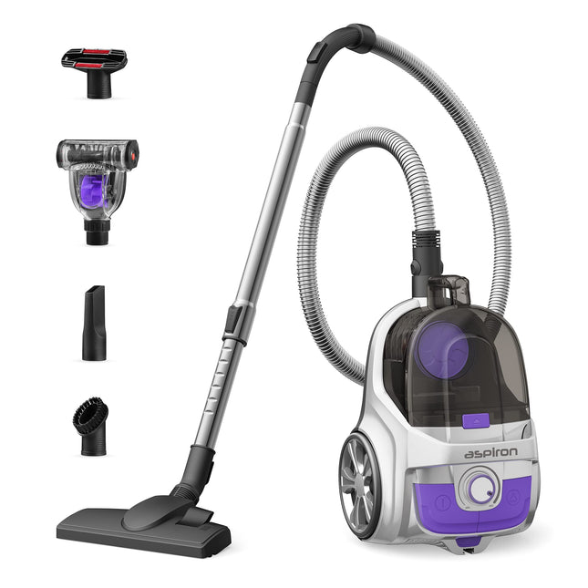 Aspiron d Canister Vacuum Cleaner, 1200W Bagless Vacuum Cleaner, 3.7Qt Large Capacity, Auto Cord Rewind, Double Hepa Filter, 5 Tools For Hard Floors, Carpet, Pet, Upholstery, Tiles, Car, Silver