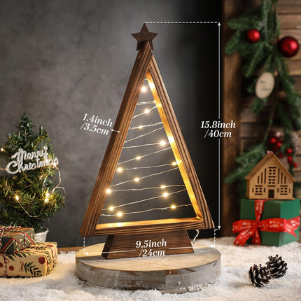Wooden Christmas Trees Tabletop Decoration - 13.3" Lighted Wooden Christmas Tree, Triangle-Shaped - Perfect Mantle Decor, Farmhouse Style Tabletop Decor, Tabletop Lighted Xmas Tree with Lights
