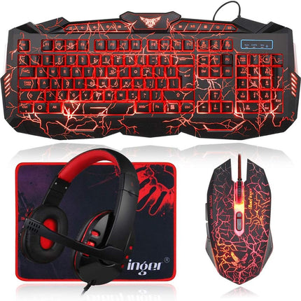 Gaming Keyboard Mouse Headset Combo,USB Wired Crack Backlit Keyboard,114 Keys Letters Glow LED Keyboard,Red LED Light Headset for Laptop PC Computer Work and Game