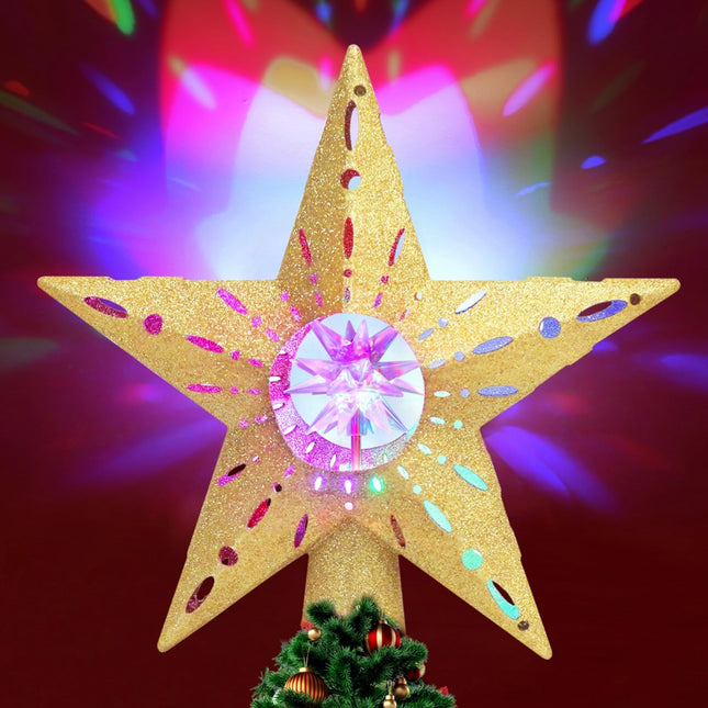Quntis Christmas Tree Topper Star with 3D Rotating Projection, Star Topper Lighted for Christmas Tree with Lights, Perfect Indoor Holiday Decor, Xmas Tree Star Projector, Gold