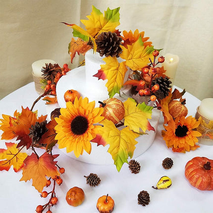 2 Pack Fall Maple Leaf Garland - 6ft/Piece Artificial Berries Sunflower Pumpkin Autumn Garland Decoration for Wedding Party Thanksgiving Dinner Fireplace Door Frame Doorway Backdrop Decor