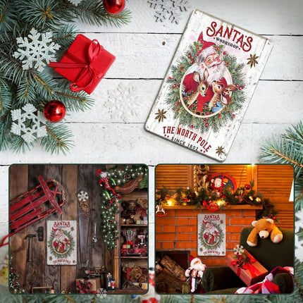 Christmas Decorations Santa's Workshop Sign Retro Santa Sign Retro Christmas Wreath Funny Christmas 8x12 Inch Metal Tin Sign Christmas Wall Art for Home Coffee Shop Retro Wall Decor Reindeer Poster