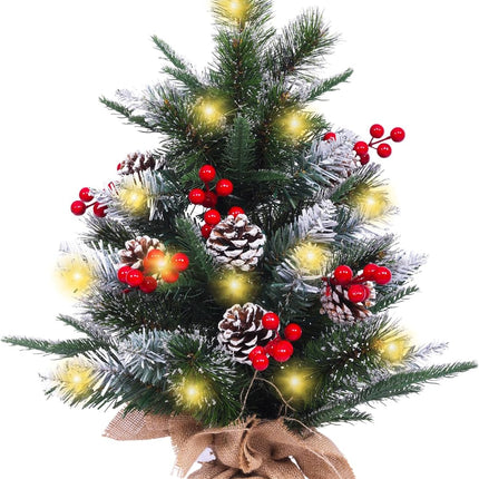 Small Christmas Tree with Lights 2 ft Tabletop Christmas Tree with 45 Warm White Lights (8 Modes), 6 Pinecones & Berries Set, 53 Tips (Thin Silver Glitter) Fluffy and Realistic Add Holiday Touch