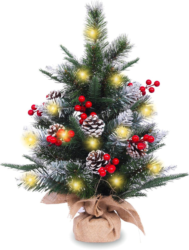 Small Christmas Tree with Lights 2 ft Tabletop Christmas Tree with 45 Warm White Lights (8 Modes), 6 Pinecones & Berries Set, 53 Tips (Thin Silver Glitter) Fluffy and Realistic Add Holiday Touch