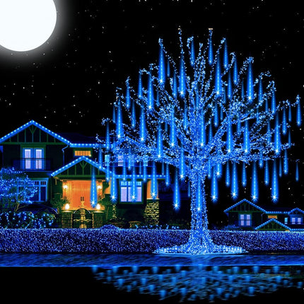 Aukora Christmas Lights Outdoor，LED Meteor Shower Lights 11.8 inch 8 Tubes 192leds Rain Drop Lights, Icicle Snow Falling Lights for Christmas Tree Halloween Party Holiday Thanksgiving Decoration(Blue)