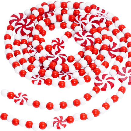 obmwang 10 Feet Christmas Wooden Bead Garland Christmas Candy Garland Red and White Peppermint Candy Bead Garland for Xmas Party Supplies Holiday Decor (Red and White)