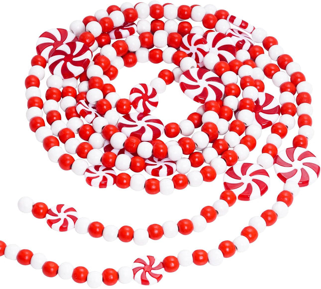 obmwang 10 Feet Christmas Wooden Bead Garland Christmas Candy Garland Red and White Peppermint Candy Bead Garland for Xmas Party Supplies Holiday Decor (Red and White)