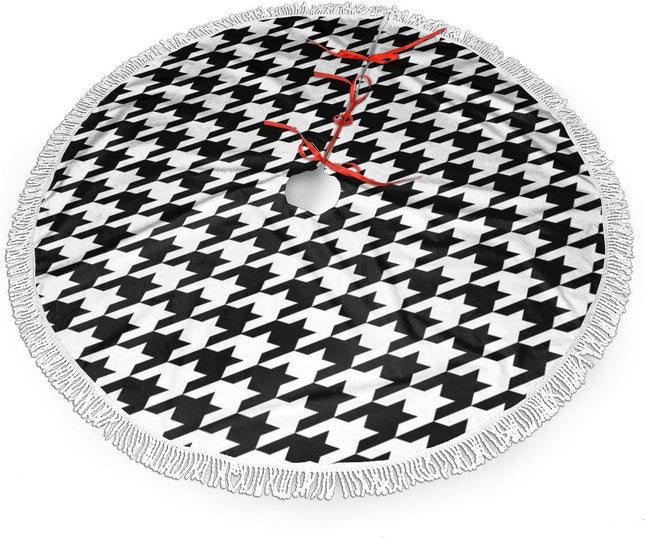 Xmas Tree Skirt 36" Inch,Black and White Houndstooth White Tassel Edge Rustic Christmas Tree Skirts for Party Holiday Decorations Xmas Ornaments