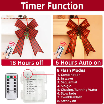 24'' x 14'' Prelit Large Christmas Bows Decorations with 8 Modes Timer Remote, 20 Lights Black Red Buffalo Plaid Xmas Wreath Bow for Christmas Tree Topper Garland Outdoor Indoor Home (Battery Powered)