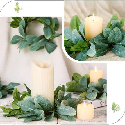 4 Pieces Candle Rings Artificial Eucalyptus Leaves Wreaths Candle Rings Wreaths Small Boho Wreath Pillar Candle Holder for Wedding Home Door Tabletop Decoration (Cute Leaf Style)