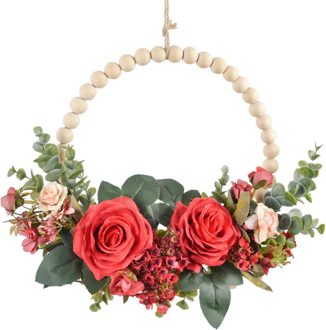 Christmas Wood Bead Red Rose Wreath Boho Farmhouse Decor Artificial Flower Eucalyptus Wreath for Front Door Windows Wall Hanging Room Decor 12" (Red)