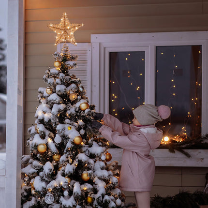 Rose Gold Christmas Tree Topper, 10 INCH Rose Gold Wire Glitter Tree Top, 20 LED Lights Glittered Metal Christmas Decorations, Xmas Ornaments Topper Holder for Christmas Tree Home Decoration