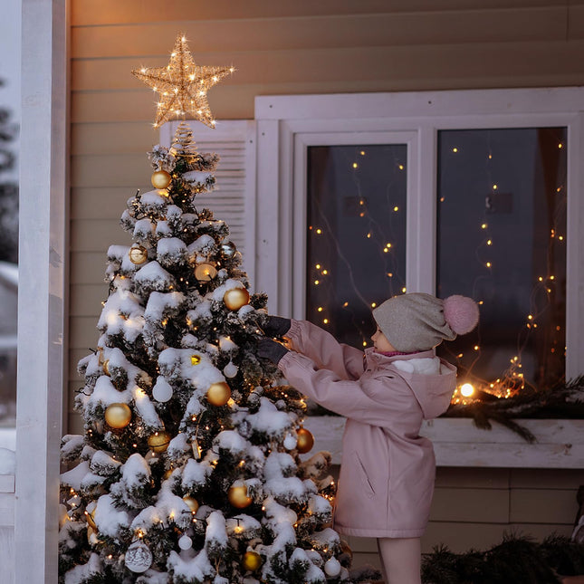 Rose Gold Christmas Tree Topper, 10 INCH Rose Gold Wire Glitter Tree Top, 20 LED Lights Glittered Metal Christmas Decorations, Xmas Ornaments Topper Holder for Christmas Tree Home Decoration