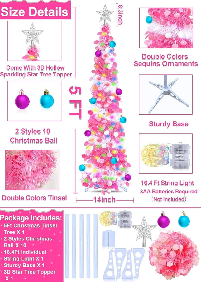 TURNMEON 5 Ft Pop Up Christmas Tree Dual Color Change Lights Ball Ornaments Star Sequin Pink Tinsel Christmas Tree 8 Mode Timer Warm White Colorful Battery Operated Holiday Xmas Decoration Indoor