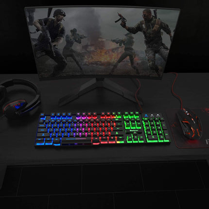 RGB Gaming Keyboard and Backlit Mouse and Headset Combo,USB Wired Backlit Keyboard,LED Gaming Keyboard Mouse Set,Headset with Microphone for Laptop PC Computer Game and Work