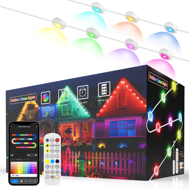 RGB IC Permanent Outdoor String Lights, IP65 Waterproof Eave Lights with Multiple Scenes Modes, Alexa, App Control, Smart LED Strip Lights for Roof Garden Balcony Porch Patio Gazebo, 25ft