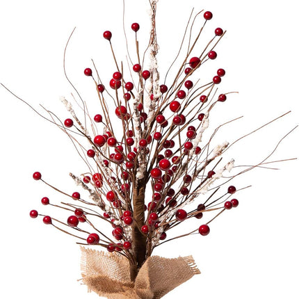 Glitzhome Christmas Table Tree with Burlap Base Centerpiece for Party Festival Home Decor, 16"" H, Red Berry, JK62980