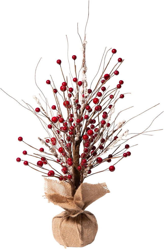 Glitzhome Christmas Table Tree with Burlap Base Centerpiece for Party Festival Home Decor, 16"" H, Red Berry, JK62980