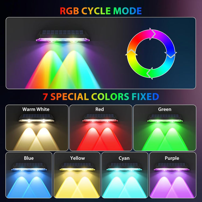 Solar Fence Lights,RGB & Warm White & 6 Colors Christmas Dusk to Dawn Deck Light, Fence Solar Lights Waterproof, Solar Outdoor Lights for Halloween Backyard/Railing/Wall/Step/Patio/Pool (8Pack)