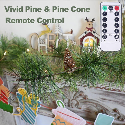 Christmas Smokey Pine Garland with Lights 6.56FT Remote Garland with Timer 30 LED Fairy Lights Battery Operated Garland Lights with Pinecones Greenery Garland Christmas Pre-lit Lights for Home