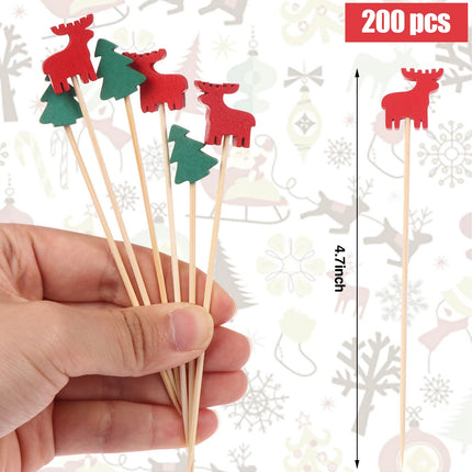 200Pcs Christmas Cocktail Picks for Appetizers, Wood Cocktail Toothpicks for Fruits, Santa Claus Snowflake Snowman Christmas Tree Elk Xmas Holiday Food Picks for Holiday Party Dessert