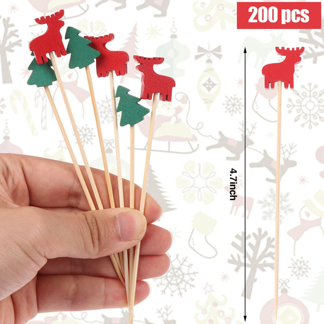 200Pcs Christmas Cocktail Picks for Appetizers, Wood Cocktail Toothpicks for Fruits, Santa Claus Snowflake Snowman Christmas Tree Elk Xmas Holiday Food Picks for Holiday Party Dessert