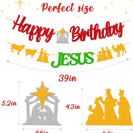 Happy Birthday Jesus Banner for Christian Winter Merry Christmas Garland Jesus's Bday Party Supplies Gold and Green Decorations